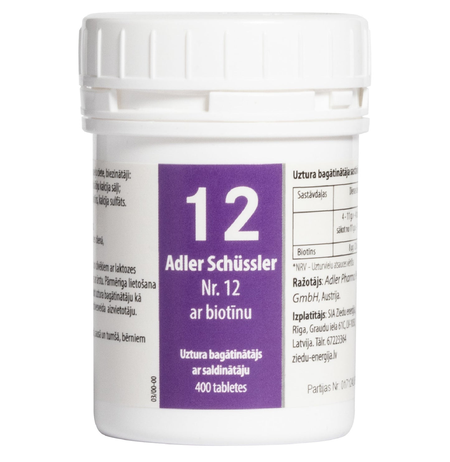 Adler Schüssler Nr. 12 ar biotīnu (kalcija sulfāts), derīgs līdz 04.2029.