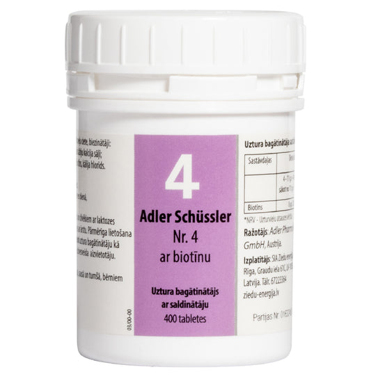 Adler Schüssler Nr. 4 ar biotīnu (kālija hlorīds), derīgs līdz 04.2029.