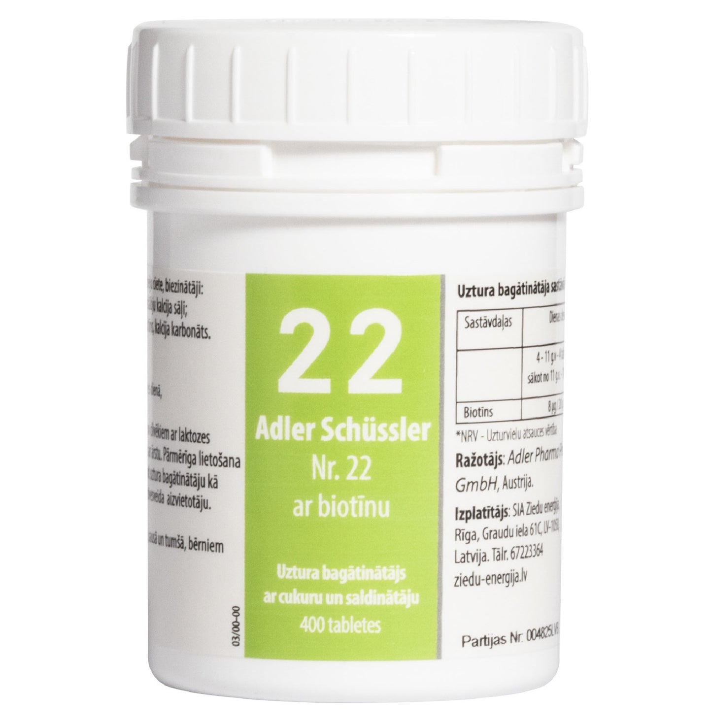 Adler Schüssler Nr. 22 ar biotīnu (kalcija karbonāts), derīgs līdz 02.2030.